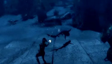 Лара гоняет акул под водой